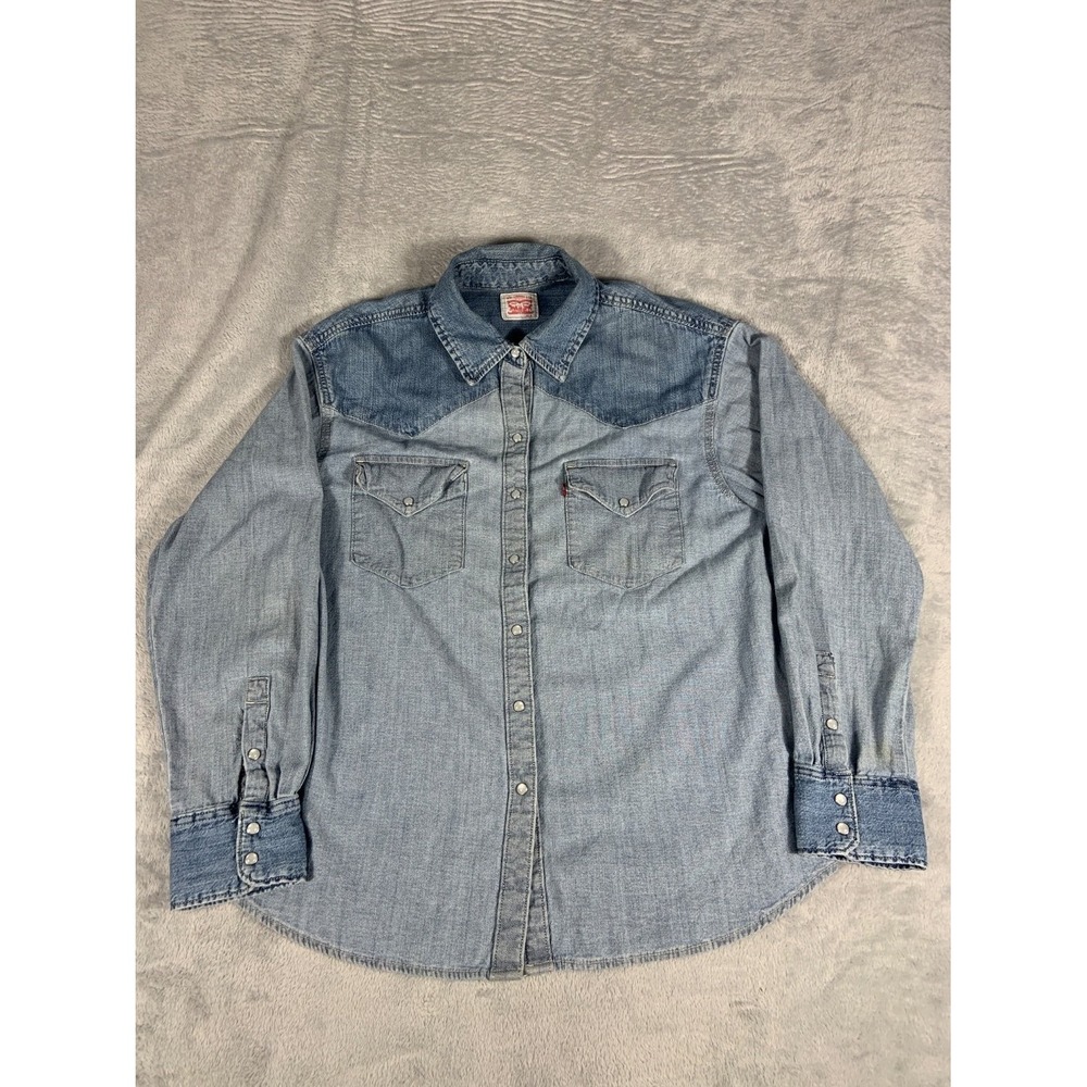 Vtg Levi Strauss Denim Western Pearl Snap Shirt Barstow Mens M Blue Yoke